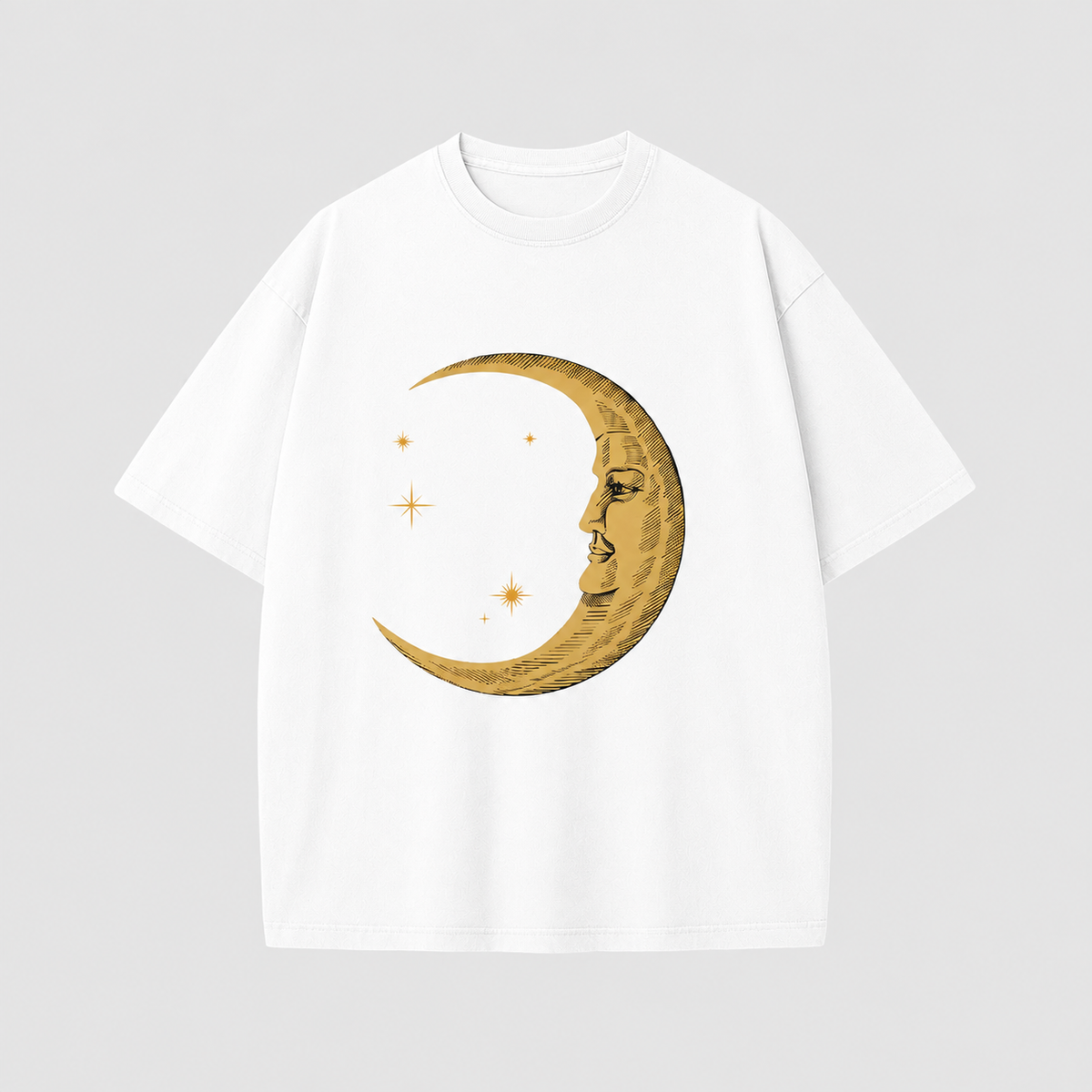 Vintage-Wash Short-Sleeve T-Shirt | Retro Graphic Print (Face, Crescent Moon, Stars) | American-Style Oversized Fit (Unisex)