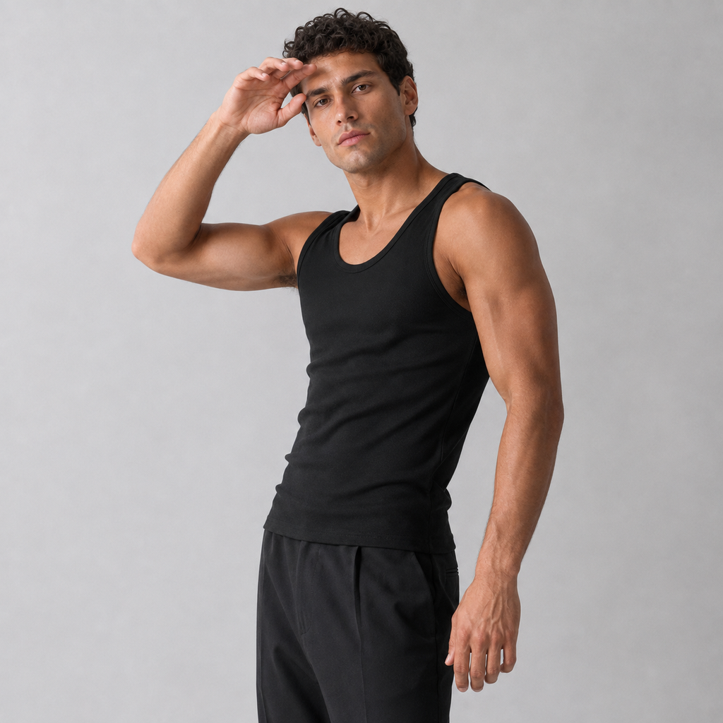 Men's 100% Cotton Black Crew-Neck Tank Top – Casual Sleeveless Sports T-Shirt (Basic Style)