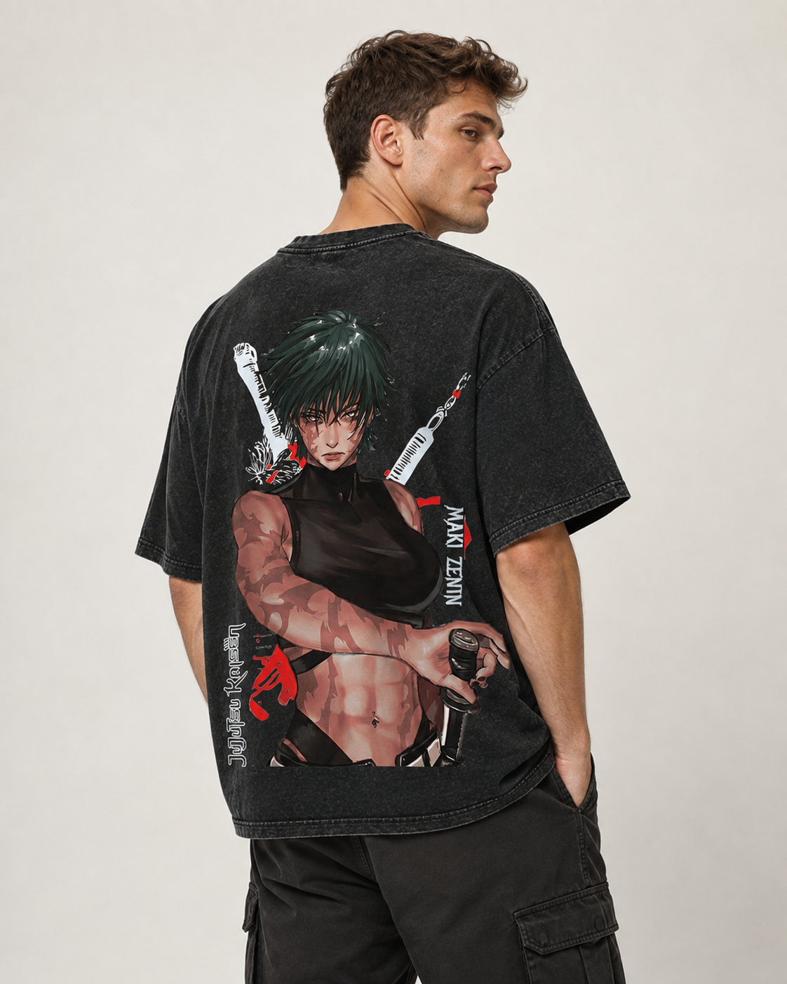 Vintage-Wash Short-Sleeve T-Shirt | *Jujutsu Kaisen* Maki Zenin Double-Sided Print – Oversized Unisex Tee with Large Anime Graphic