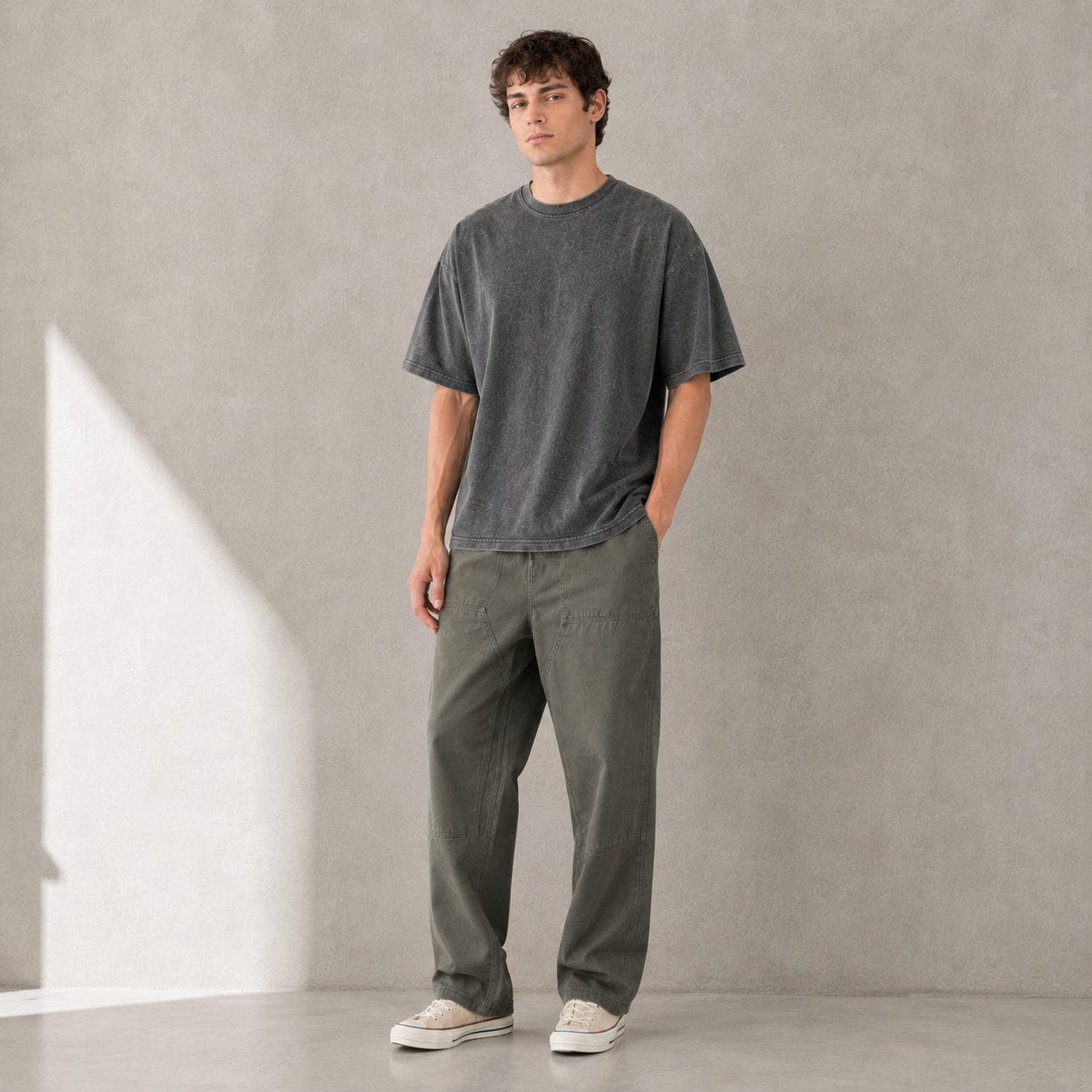 Men's Vintage Washed Grey Loose-Fit T-Shirt | Heavyweight Cotton American Streetwear Style Drop-Shoulder Short Sleeve