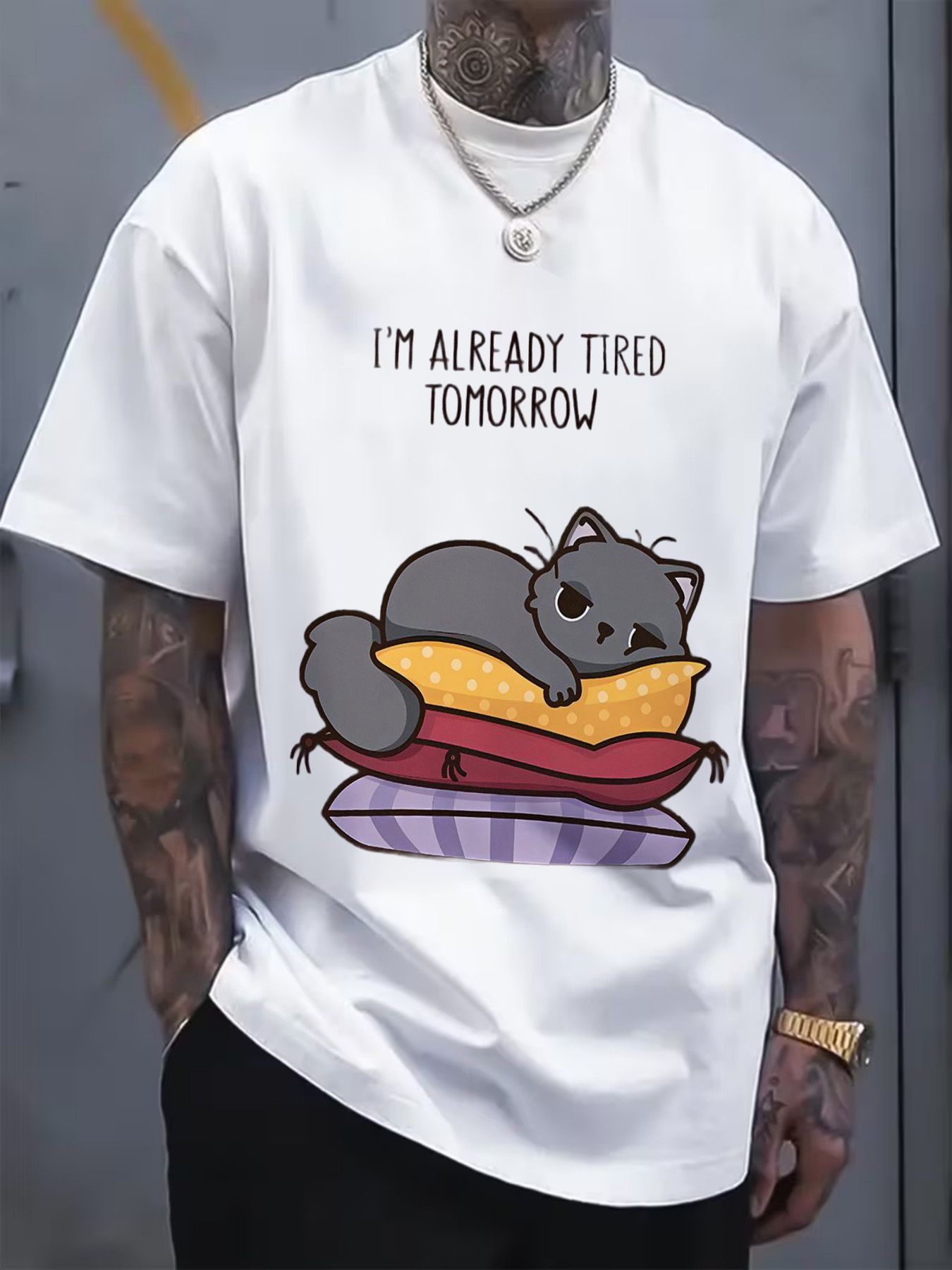 Gray Cat Illustration Red Text 'I'M READY, TOMORROW' Cotton T-Shirt - Casual Crew Neck, Relaxed Fit, Super Soft Breathable Tee, Summer Style for Men