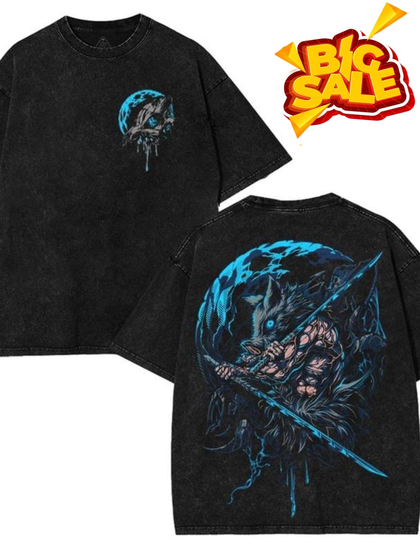 Men's 90s Style Anime T-Shirt - Double-Sided Print Heavyweight Washed Cotton, Theme Party Casual Streetwear