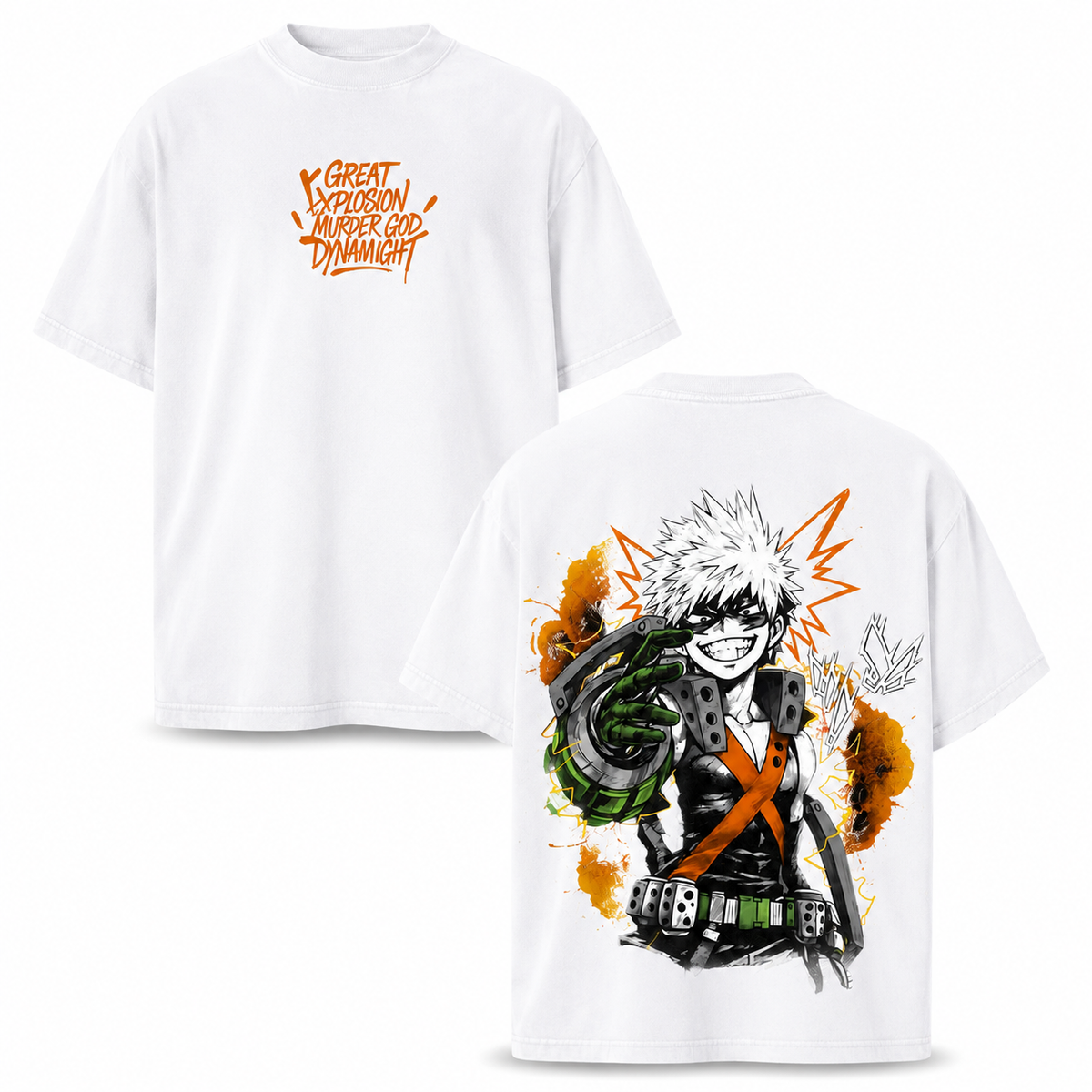 American-style acid-washed distressed Katsuki Bakugo anime print short-sleeved T-shirt, heavyweight retro wash, oversized, loose fit, unisex.