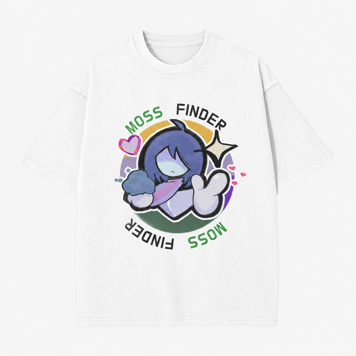 Moss Finder Cartoon Fun Round Print Washed Distressed Short-Sleeve T-Shirt, American Heavyweight 100% Cotton, Oversized, Cute Anime Retro Casual Unisex T-Shirt