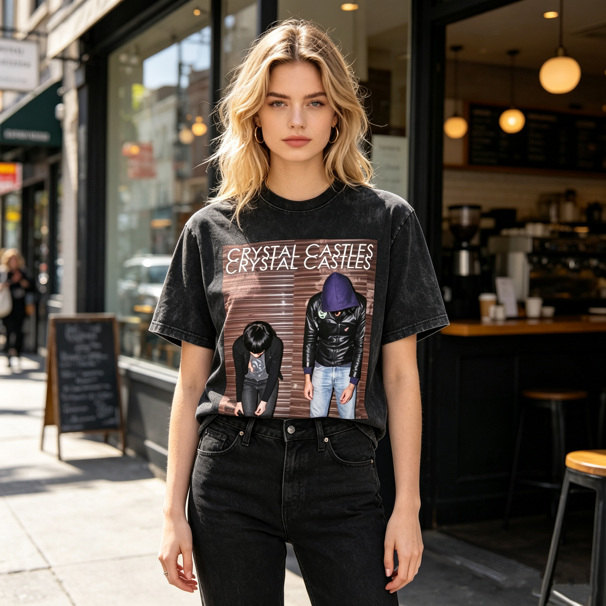 American-style vintage-wash Crystal Castles band graphic T-shirt for women; oversized, drop-shoulder fit with a dark, edgy punk aesthetic.