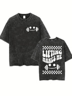 Couple Vintage Washed Printed T Shirt Barbell Face Checkered Pattern Round Neck Short Sleeve Loose Fit Straight Hem Graphic Tee