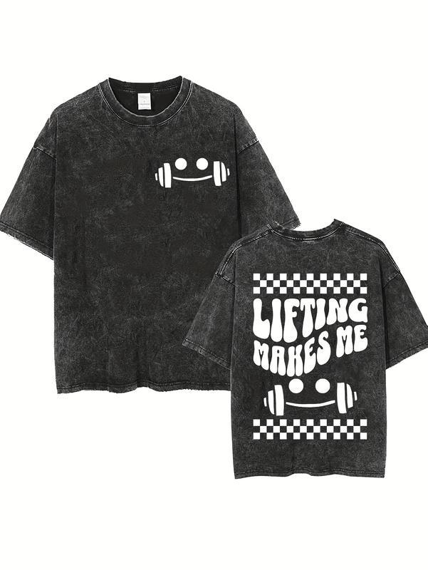 Couple Vintage Washed Printed T Shirt Barbell Face Checkered Pattern Round Neck Short Sleeve Loose Fit Straight Hem Graphic Tee