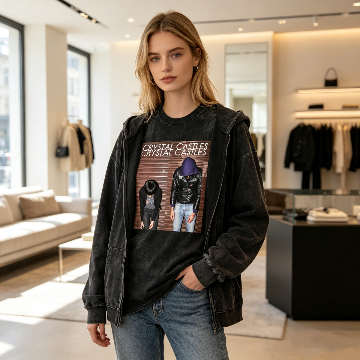 American-style vintage-wash Crystal Castles band graphic T-shirt for women; oversized, drop-shoulder fit with a dark, edgy punk aesthetic.