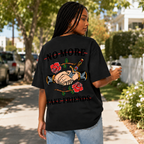 Women's Oversized Streetwear T-Shirt: Washed-Finish Pure Cotton with "Old School" Tattoo-Style Double-Sided Print (Rose, Dagger, and Handshake Motif)