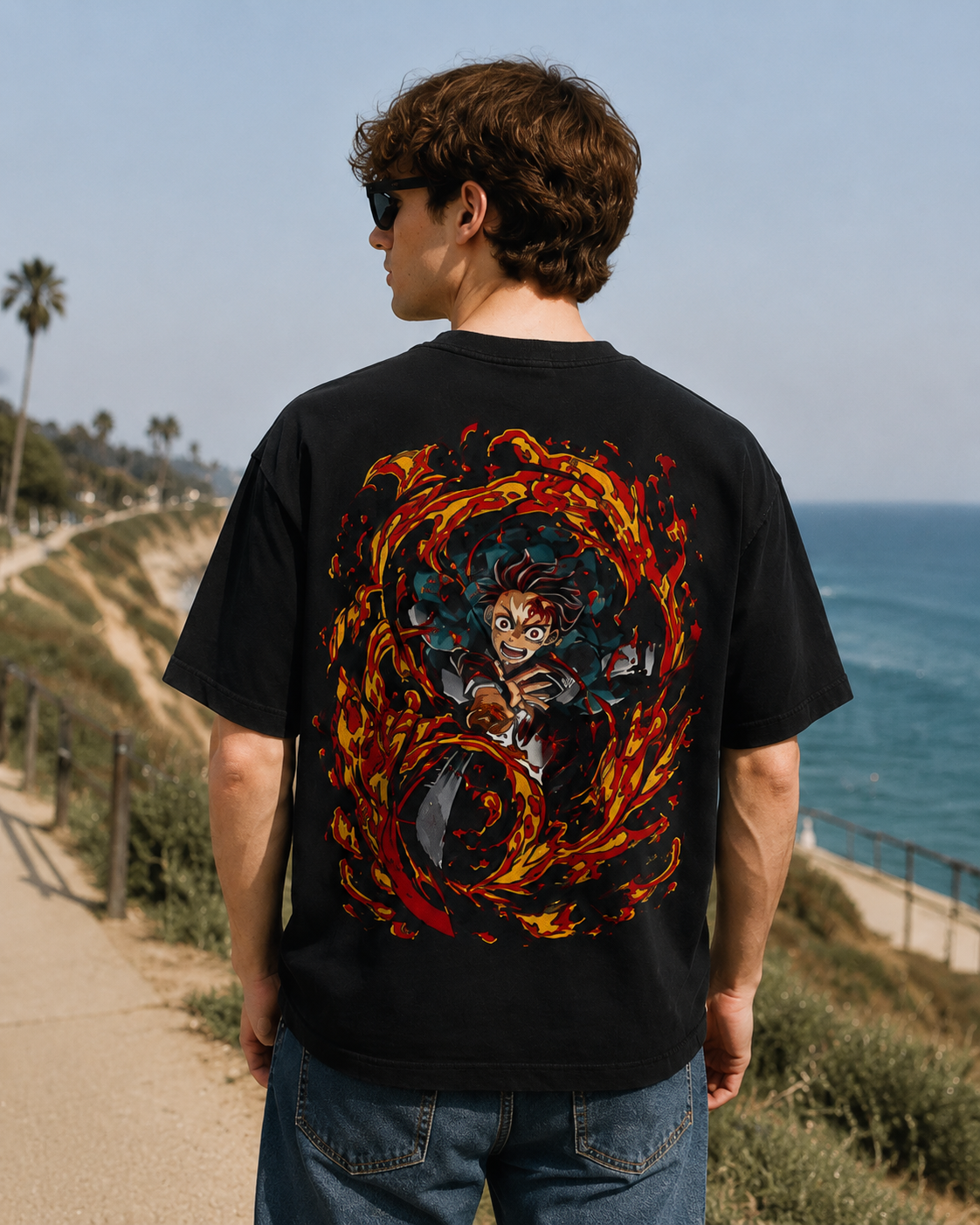 Distressed Black Anime-Themed Short-Sleeve T-Shirt – 100% Cotton, Oversized, Double-Sided Print – Casual Retro Style for Fans