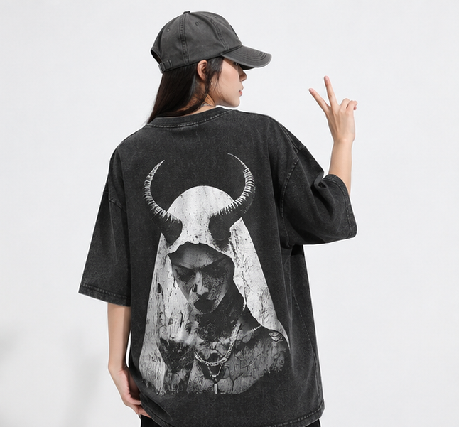 Heavyweight Washed Cotton Vintage Short-Sleeve Tee – High-Street Style Top Featuring a Dark Demon Nun Graphic