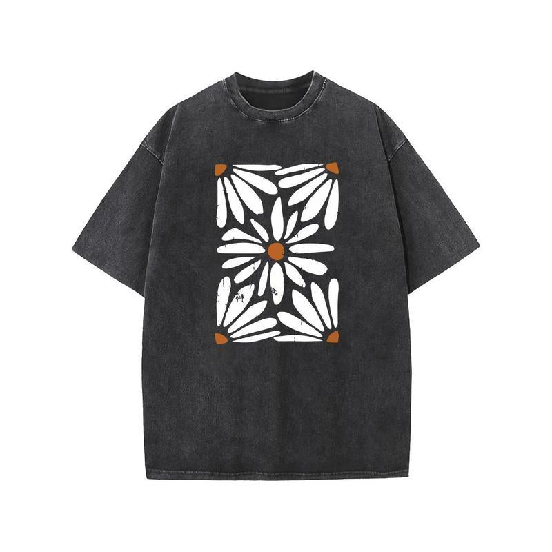 Washed T-shirt Bohemian Daisy Plant Retro T-shirt Women's Casual Cotton Fabric Oversized T-shirt, Pickled T-shirt Fashionable Loose Top