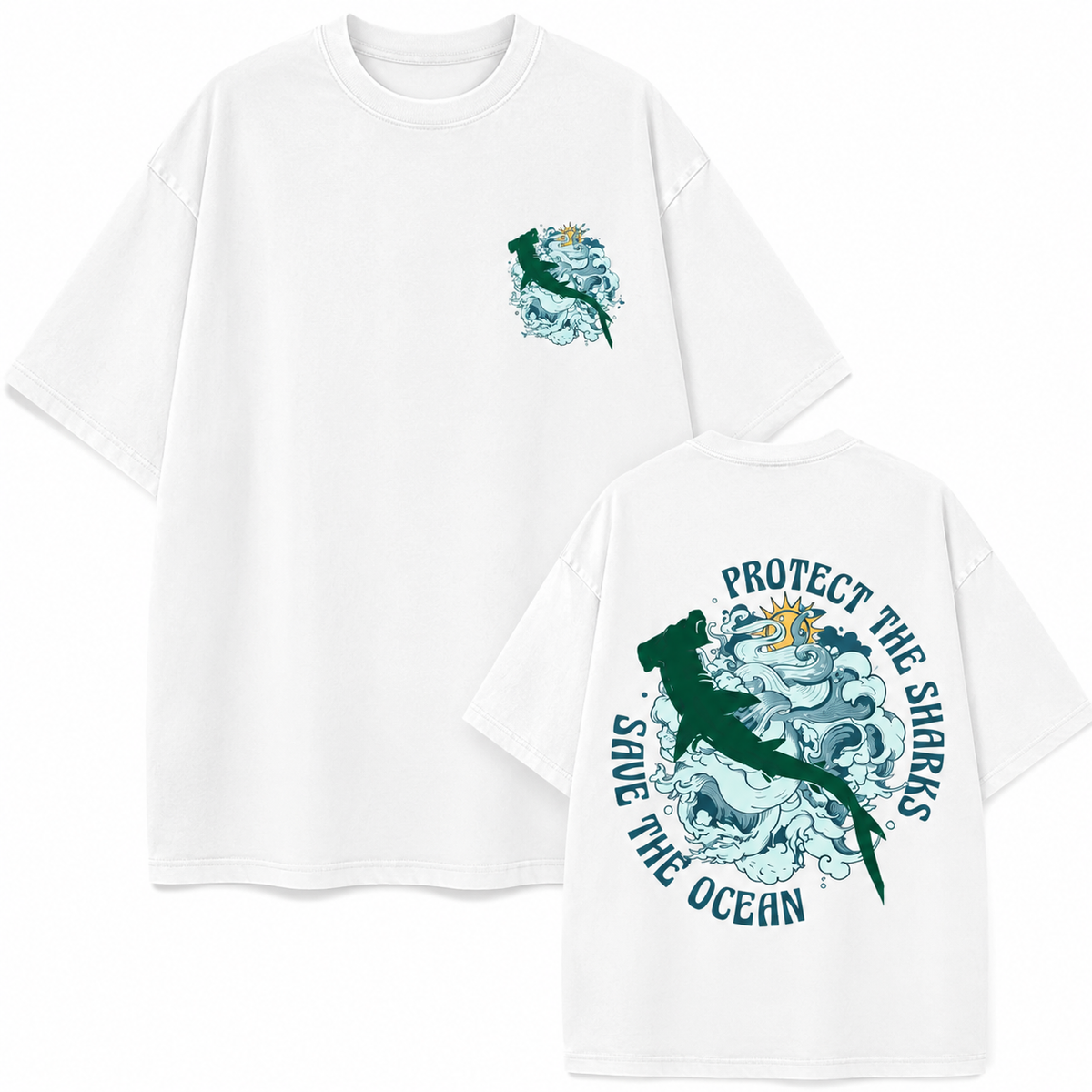 Protect the ocean! Shark and wave slogans, double-sided printed, washed and distressed short-sleeved T-shirt, American heavyweight pure cotton, oversized, retro outdoor charity style, unisex T-shirt.
