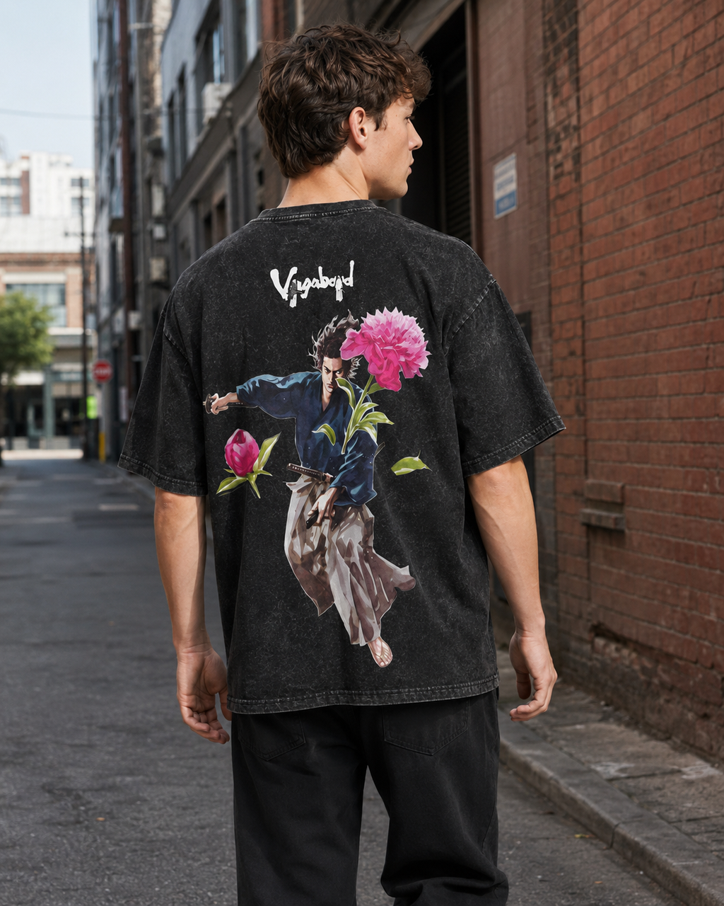 Vintage-Wash Short-Sleeve T-Shirt | "Vagabond" Samurai & Peony Double-Sided Art Print | Unisex Oversized Fit