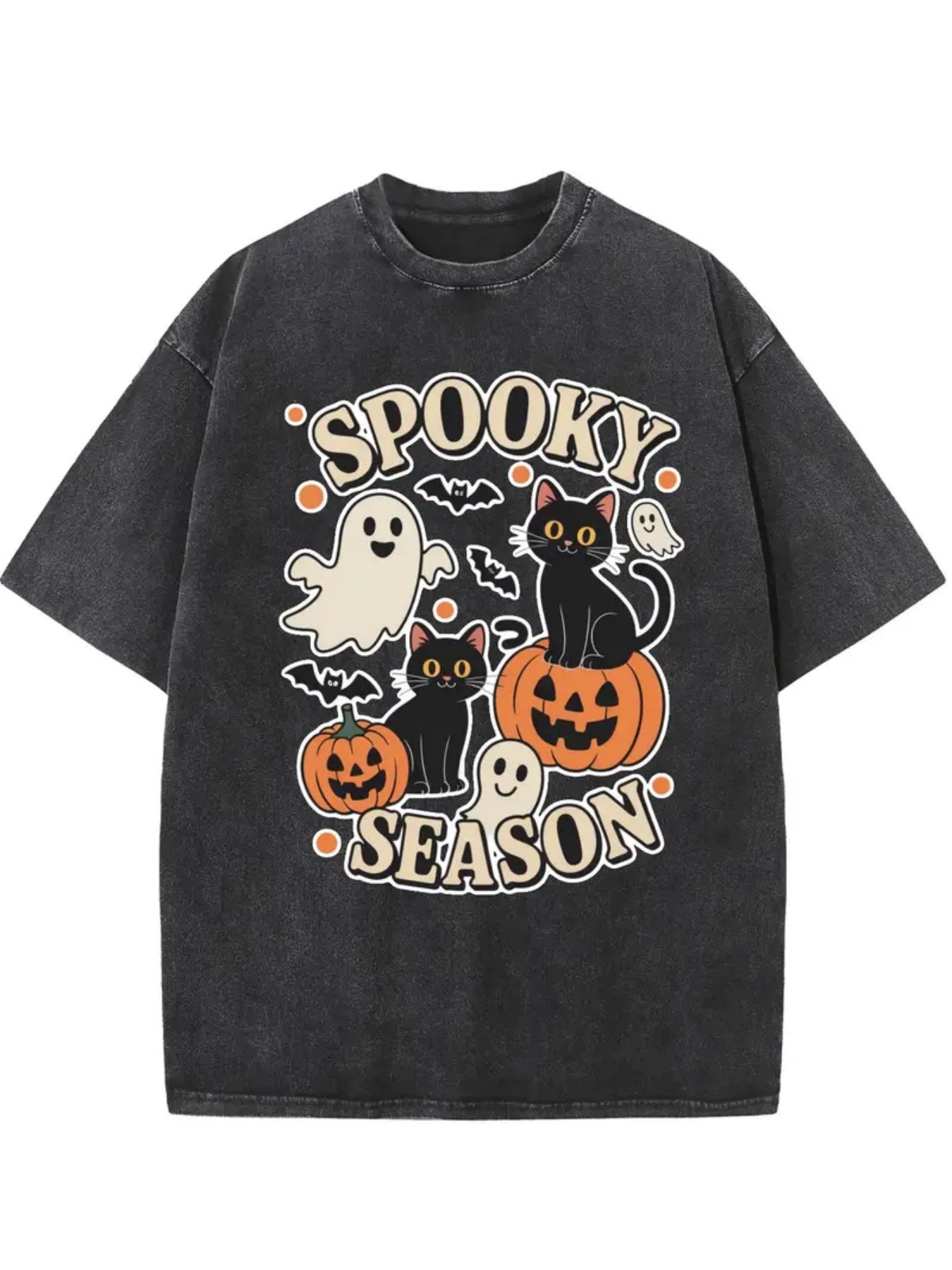 Men's 230g Heavyweight Vintage Washed T-Shirt - Beige with Spooky Season Print (Ghosts, Bats, Black Cats, Pumpkins) - Oversized Casual Round Neck Short Sleeve Tee for Spring Summer & Year-Round Wear, Machine Washable