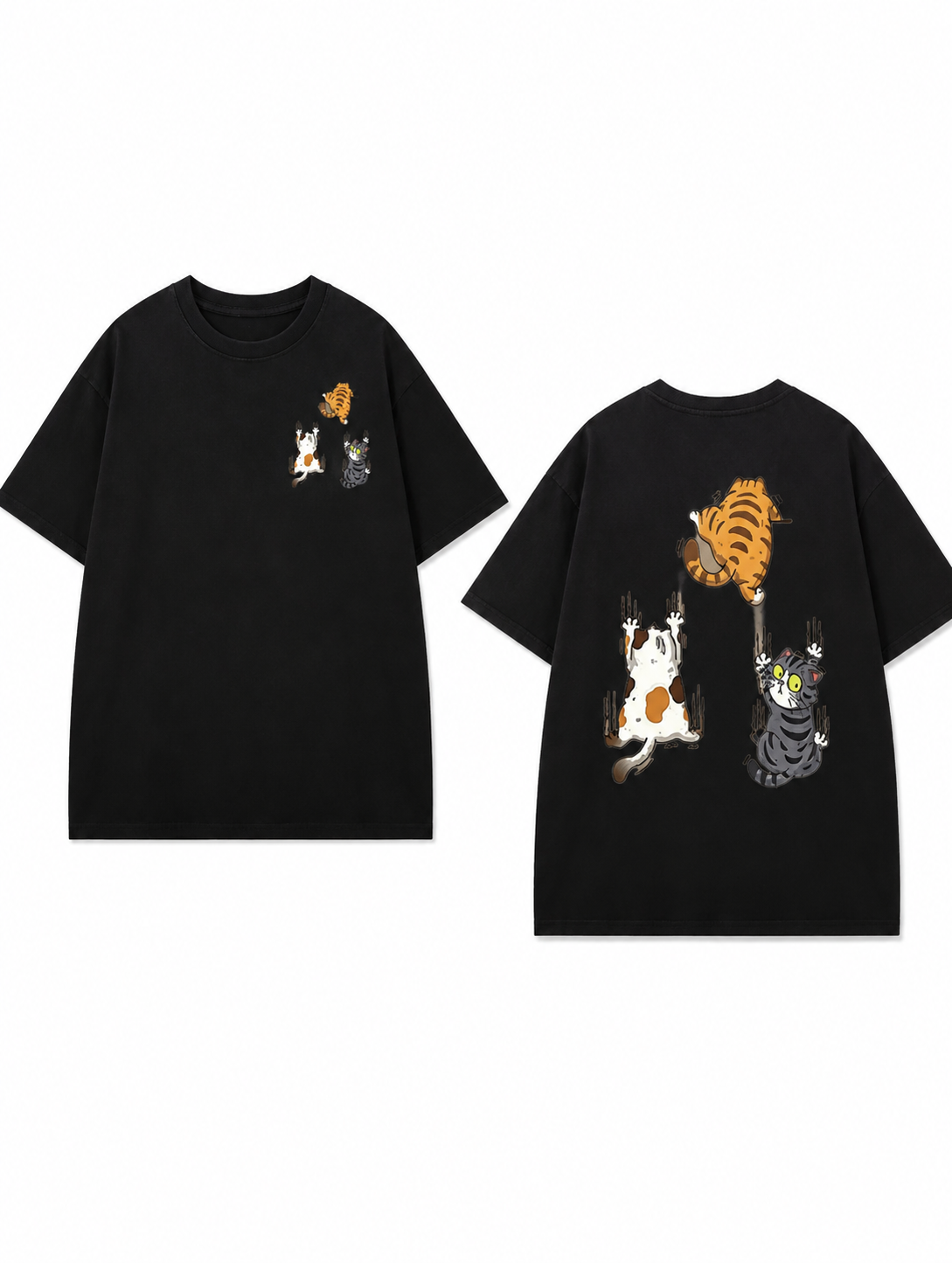 Distressed Black Oversized T-Shirt (100% Cotton) – Cute & Playful "Wall-Climbing Cat" Graphic – Retro Casual Style