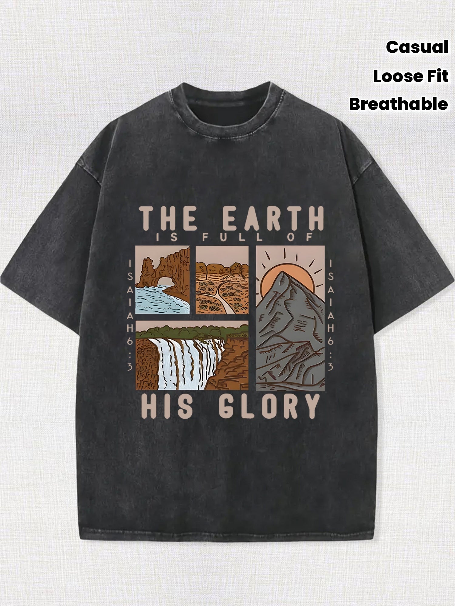 [Casual Style] Men's vintage washed cotton T-shirt - featuring the pattern of "The Earth is His Glory" and mountain and river prints, casual and loose-fitting, breathable short-sleeved T-shirt, suitable for casual wear and outdoor activities, vintage wash