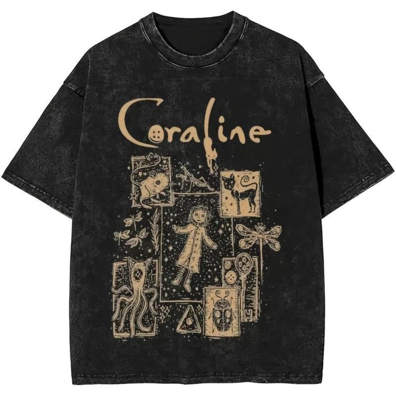 Cotton Short Sleeve Acid Washed Vintage Streetwear T-Shirt, Casual Baggy Oversized Tee, Workout Mysterious Design Print Tops For Women Men - graphic tees