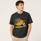 Summer Seaside-Themed Distressed Black Short-Sleeve T-Shirt – 100% Cotton, Oversized, Casual Tee Featuring a Cute Beach Kitten Cartoon