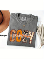 Men'S Heavyweight 230gsm Wax Print T-Shirt - Retro Western Cowboy Graphic with COWY Letters & Autumn Leaves, Brown/Beige Casual Crew Neck, All-Season Layering & Summer Beach Wear, Machine Washable, Father'S Day Gift, Rustic Western Style Single-Side