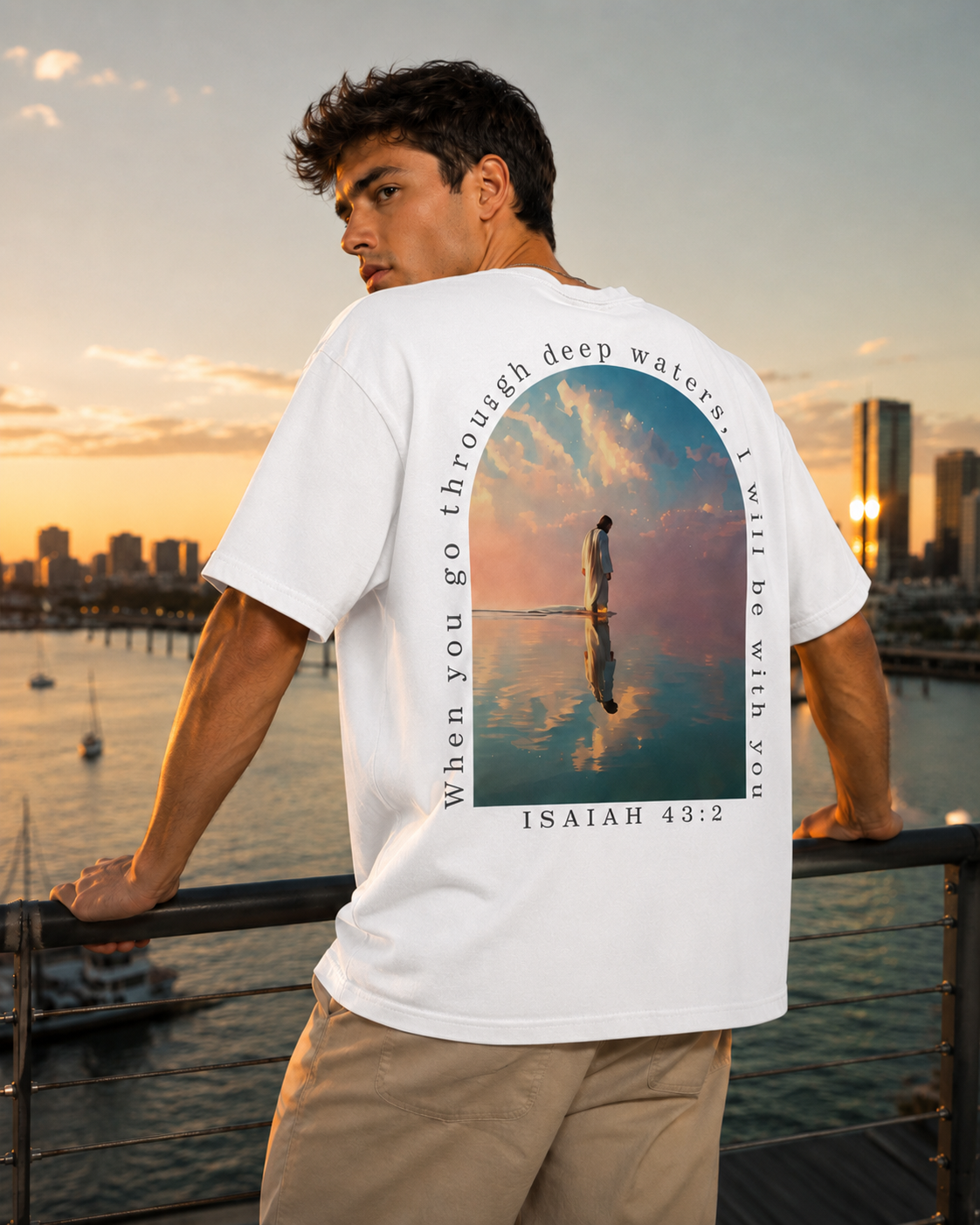 American Retro Faith-Themed T-Shirt – Double-Sided Print (Jesus Walking on Water) – High-Street Style Top