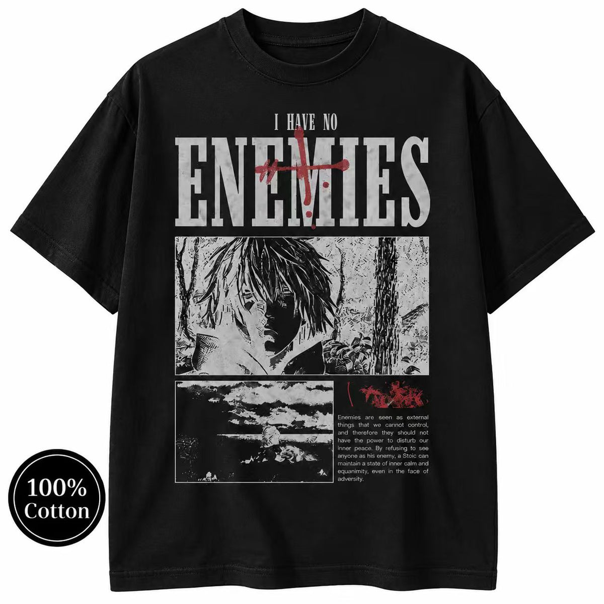 Pure Cotton Vintage "I Have No Enemies" Anime Graphic T-Shirt – American Streetwear Style with Text & Portrait, Loose Fit, Drop-Shoulder Short Sleeve (Men's)