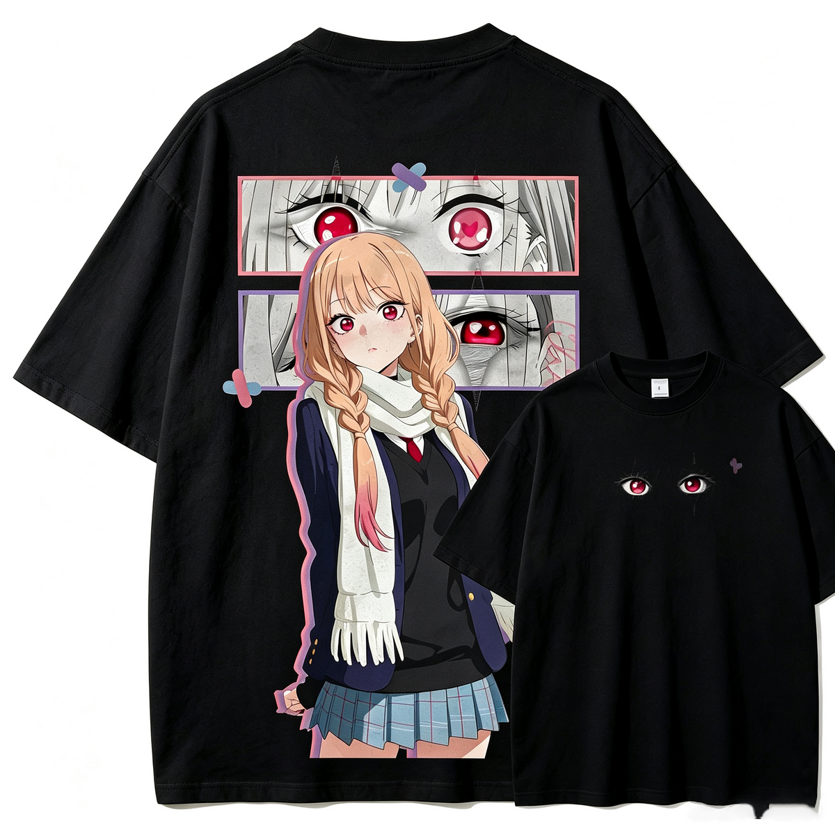 Pure Cotton Oversized Short-Sleeve T-Shirt with Double-Sided Anime Eye Print – Street-Style Top for Women/Girls