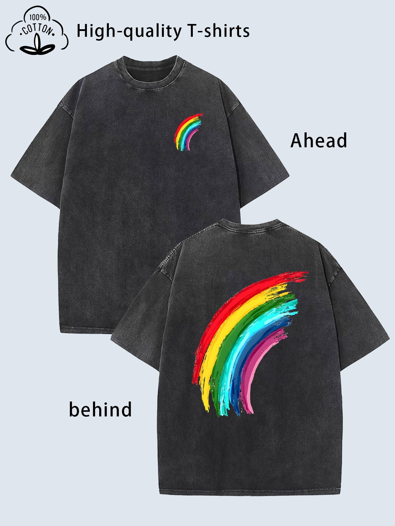 Men's Heavy Vintage Washed 70s/80s Retro T-Shirt - Rainbow Arch & Face Print Soft Breathable Fabric, Loose Fit Round Neck Short Sleeve with Front/Back Colorful Arches Suitable for Concerts, Festivals & Daily Wear - Machine Washable 70s 80s Nostalgic