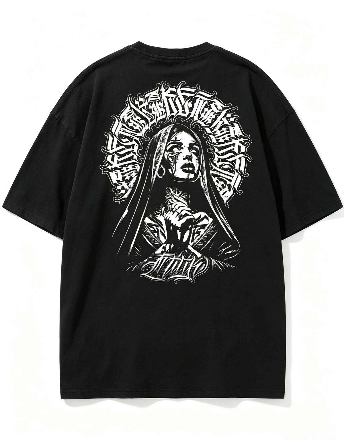 Oversized black pure cotton short-sleeve T-shirt featuring a large "Chicano-style" dark nun and Gothic lettering print on the back—an American street-style, hip-hop-inspired trendy tee for women.
