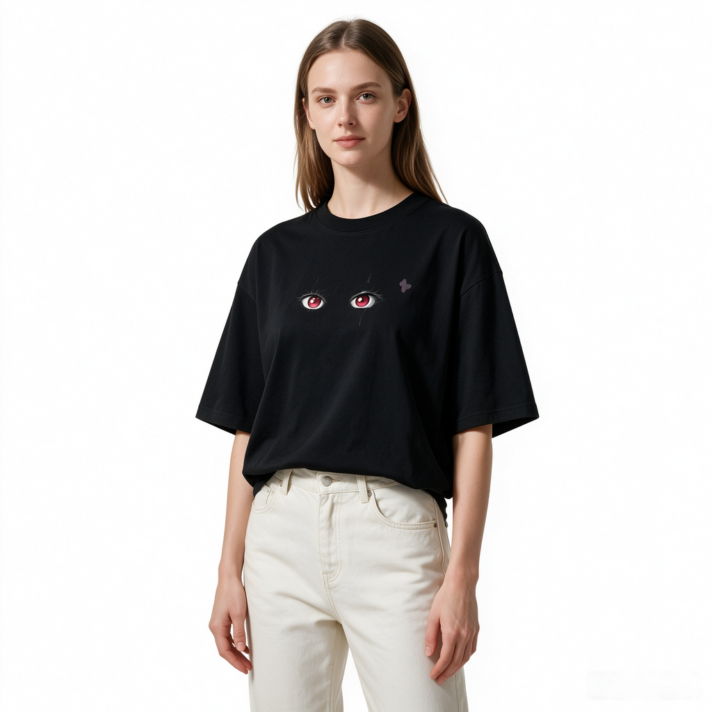 Pure Cotton Oversized Short-Sleeve T-Shirt with Double-Sided Anime Eye Print – Street-Style Top for Women/Girls