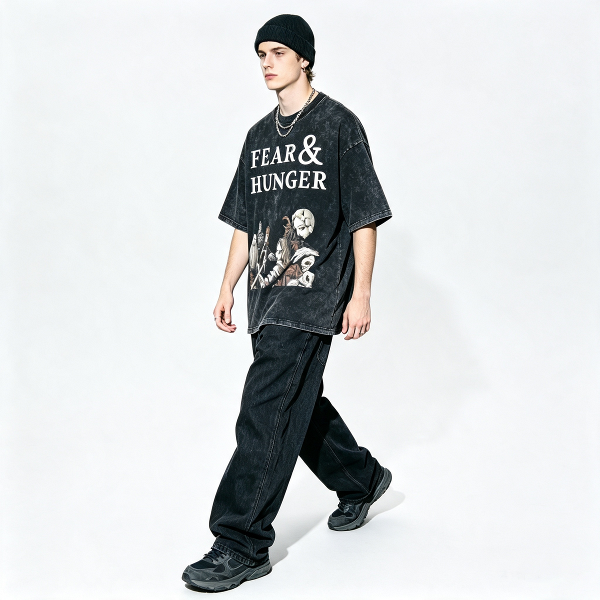 Washed and distressed Fear & Hunger themed short-sleeved T-shirt, American retro heavyweight loose high-street style, oversized, unisex.