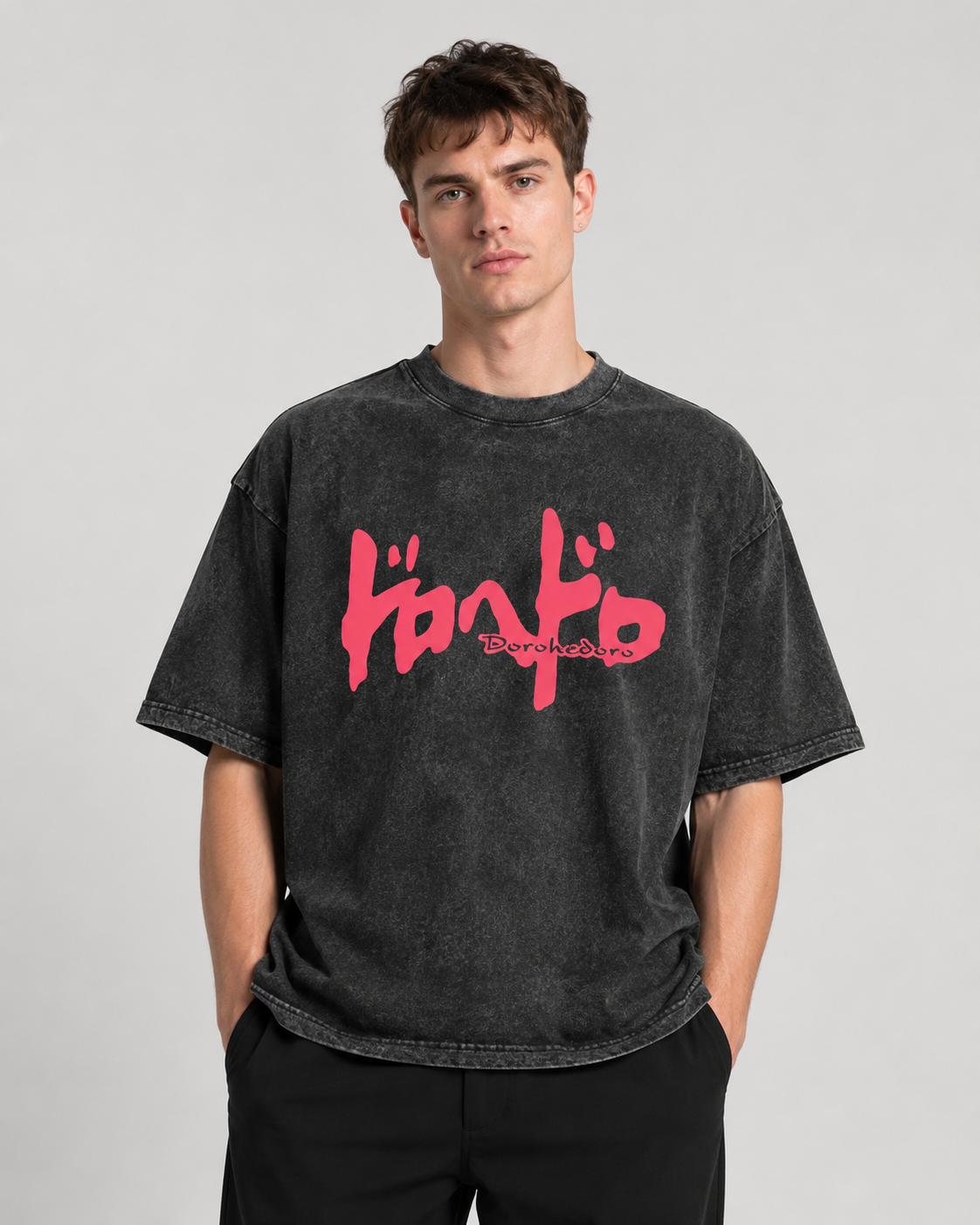 American-style acid-washed distressed alien-themed Shanghai print short-sleeved T-shirt, heavy-duty wash, oversized, dark anime style, unisex retro T-shirt.