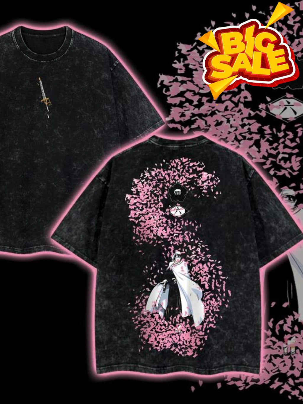 Men's Heavyweight 100% Cotton Anime T-Shirt - Vintage Washed Double-Sided Manga Character Print, Black/Pink Cherry Blossom (Local Warehouse)