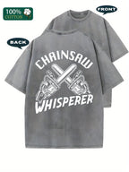 1pc, 230g Washed Chainsaw Low-Key Print T-Shirt | High-Quality Wax Print, Retro Fashion Brand, Crew Neck, Casual Style, Slight Stretch, Regular Fit, Suitable for All Seasons, Perfect Holiday Gift