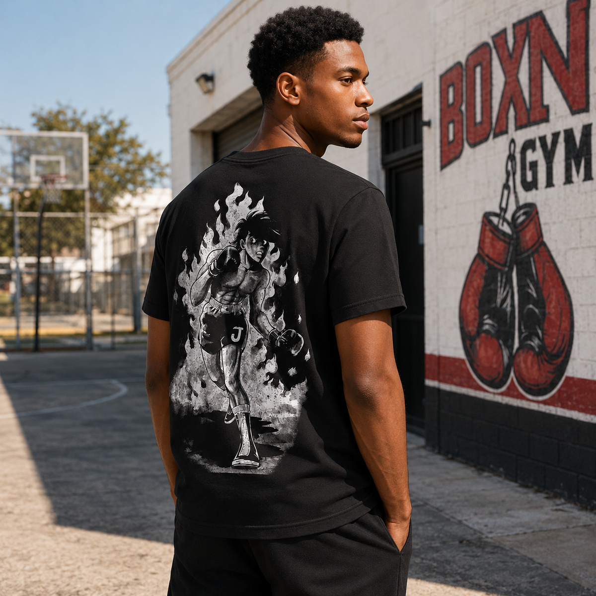Japanese-style dark anime oversized T-shirt—distressed charcoal black, 100% cotton, featuring a large *Chainsaw Man* print and a vintage casual aesthetic.