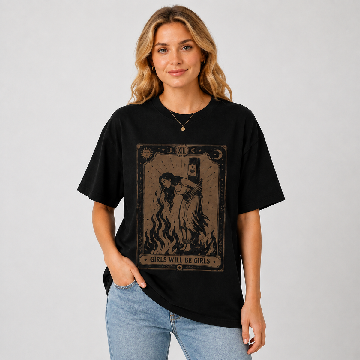 Women's Oversized Cotton T-Shirt – Dark Tarot Vintage-Style Print (Subculture/Edgy Style)