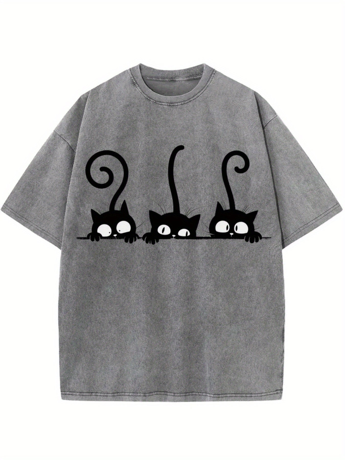 Men's 230g Heavyweight Vintage Washed T-Shirt - Beige with Black Cat & Bat Print, Loose Fit Short Sleeve Round Neck, Cute Bat suitable for halloween & spring/summer Layering, Machine Washable Casual Shirt for Year-Round Wear (Cat & Bat Design)