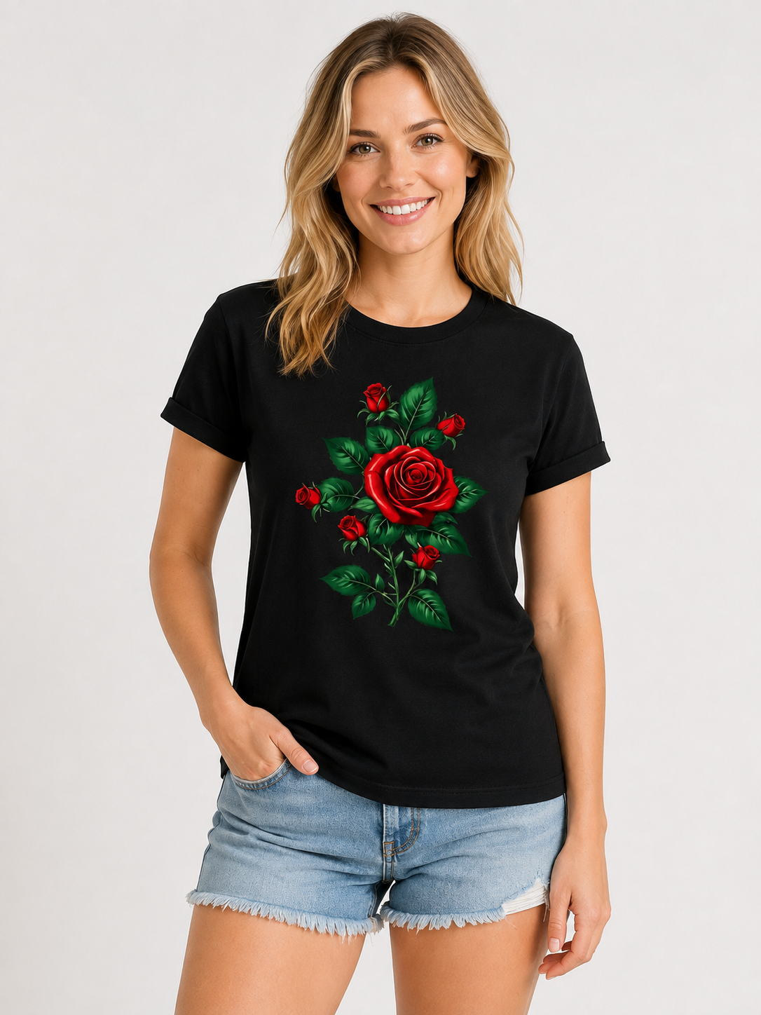 Women's Pure Cotton Short-Sleeve T-Shirt – Vintage Red Rose Floral Print, Crew Neck, Loose Casual Top