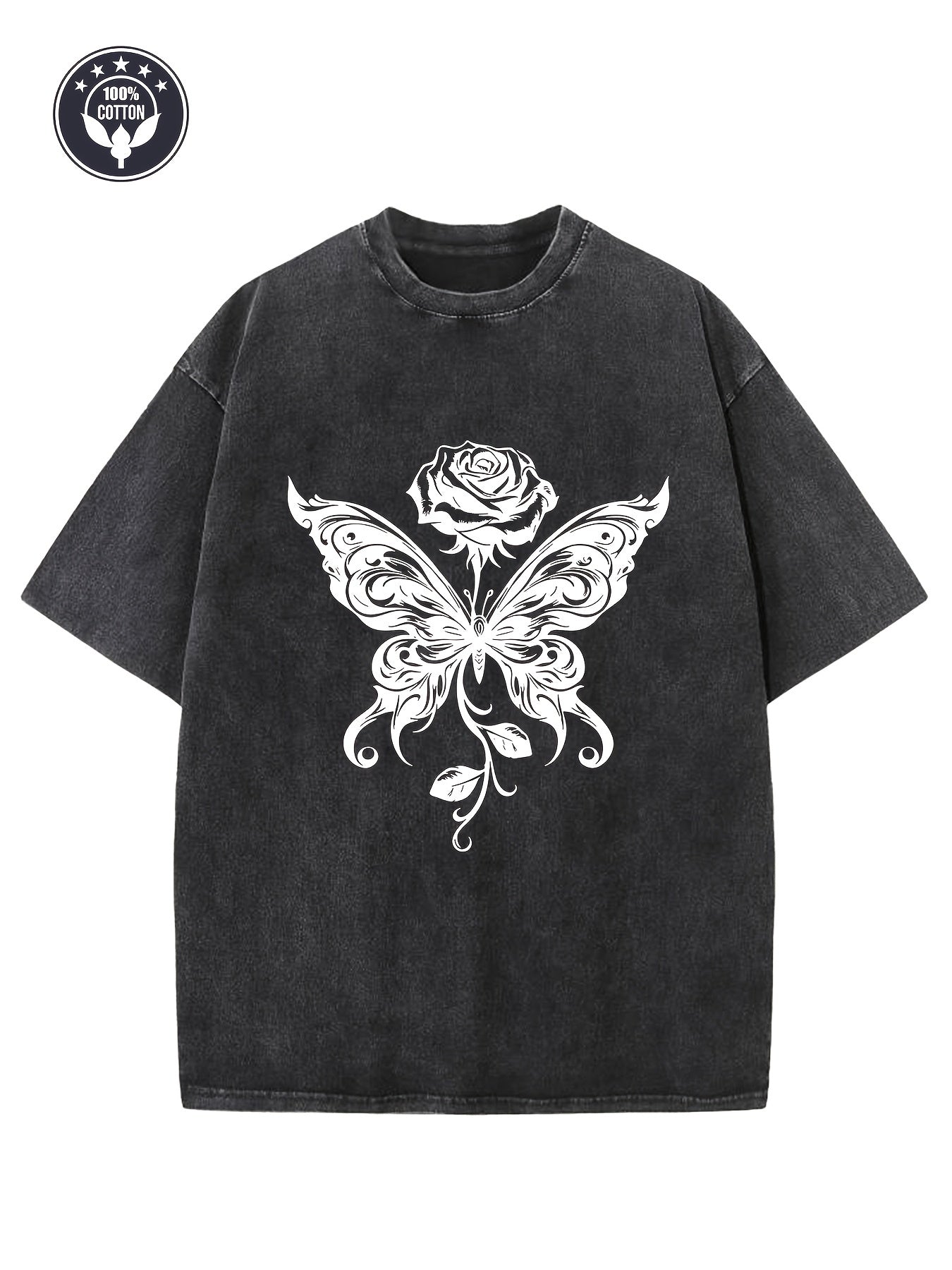 Men'S & Women'S Vintage Heavyweight 230gsm Oversized T-Shirt - & Butterfly & Rose Graphic Print, Drop Shoulder Relaxed Fit, Unisex Streetwear Hip-Hop Tee for Casual Casual Attire, All-Season Comfort, Machine Washable Vintage Washed Texture (Men'S &