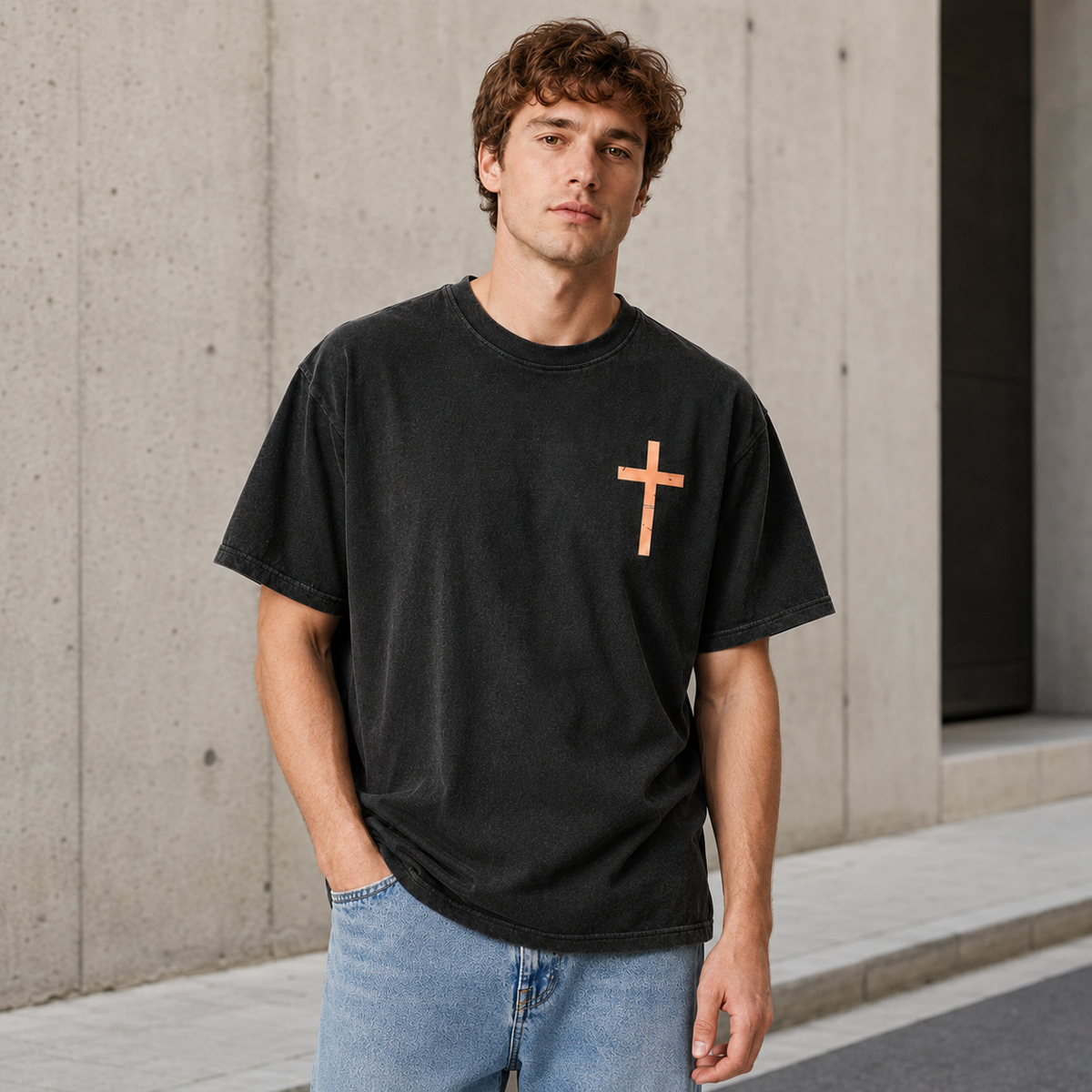 Vintage 100% Cotton "Isaiah" Faith T-Shirt – Men's Loose-Fit, Drop-Shoulder Short-Sleeve Tee Featuring a Cross on the Front and a Scenic Print of Jesus by the Lake on the Back