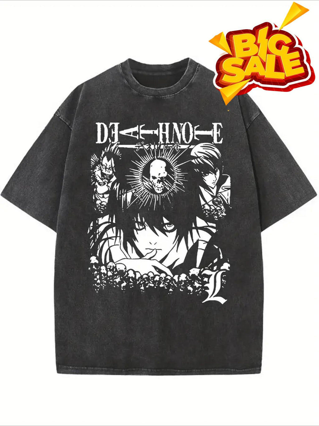 Death Note Graphic Men's T-Shirt - 100% Cotton Vintage Washed Gray Crew Neck, Skull & Floral Print - Holiday Gift