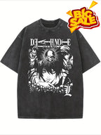 Death Note Graphic Men's T-Shirt - 100% Cotton Vintage Washed Gray Crew Neck, Skull & Floral Print - Holiday Gift