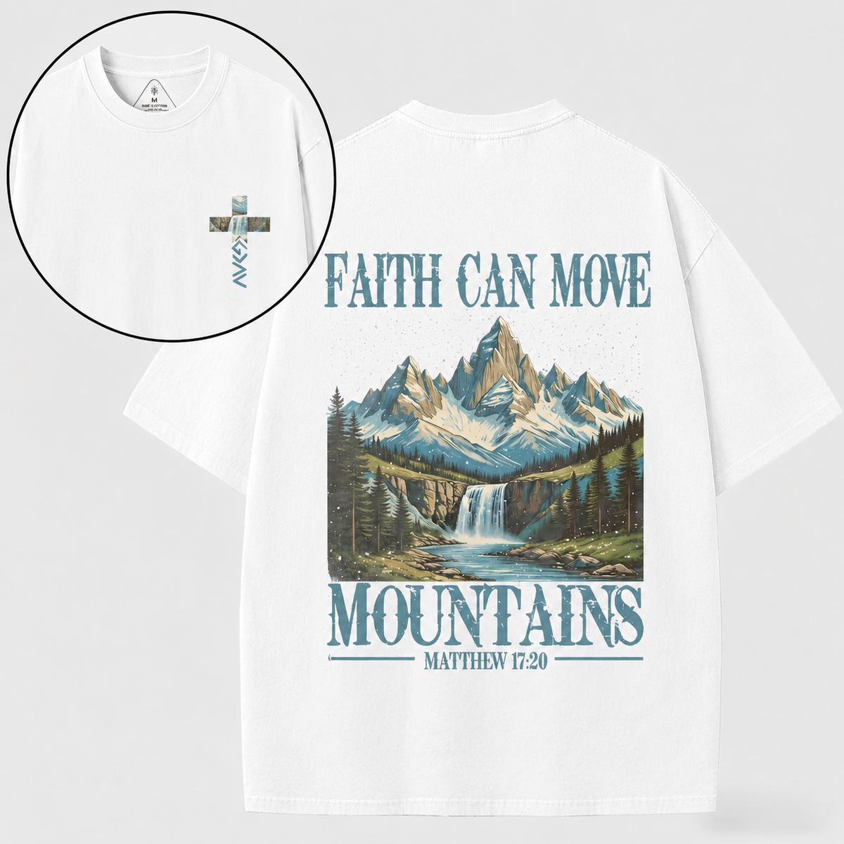 Vintage-Wash Oversized Short-Sleeve T-Shirt | "Faith Can Move Mountains" – Religious/Biblical Print (Mountains & Cross) | Unisex American Oversized Fit