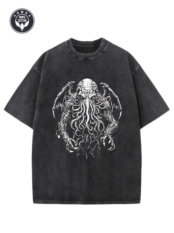 Vintage Creative Pattern "The Great Old One Cthulhu" Printed Washed T-shirt Heavy 230g Pure Cotton Washed T-shirt Falling Shoulder T-shirt Men'S Retro Street T-shirt Basic T-shirt Loose Hip Hop Universal Top Washed Retro T-shirt