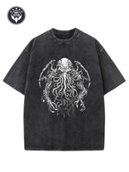Vintage Creative Pattern "The Great Old One Cthulhu" Printed Washed T-shirt Heavy 230g Pure Cotton Washed T-shirt Falling Shoulder T-shirt Men'S Retro Street T-shirt Basic T-shirt Loose Hip Hop Universal Top Washed Retro T-shirt