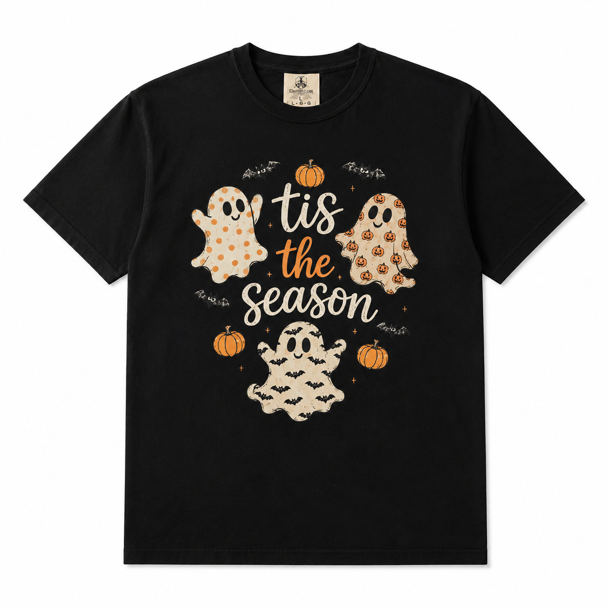 Halloween "Tis the Season" Cute Ghost & Pumpkin Print T-Shirt – 100% Cotton, American Vintage Loose-Fit Short Sleeve