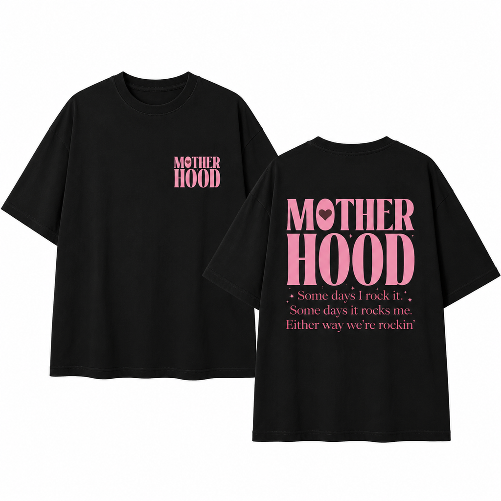 "Motherhood" Double-Sided Print T-Shirt – 100% Cotton, Black, Loose-Fit, Mother's Day Themed Short-Sleeve Tee for Moms