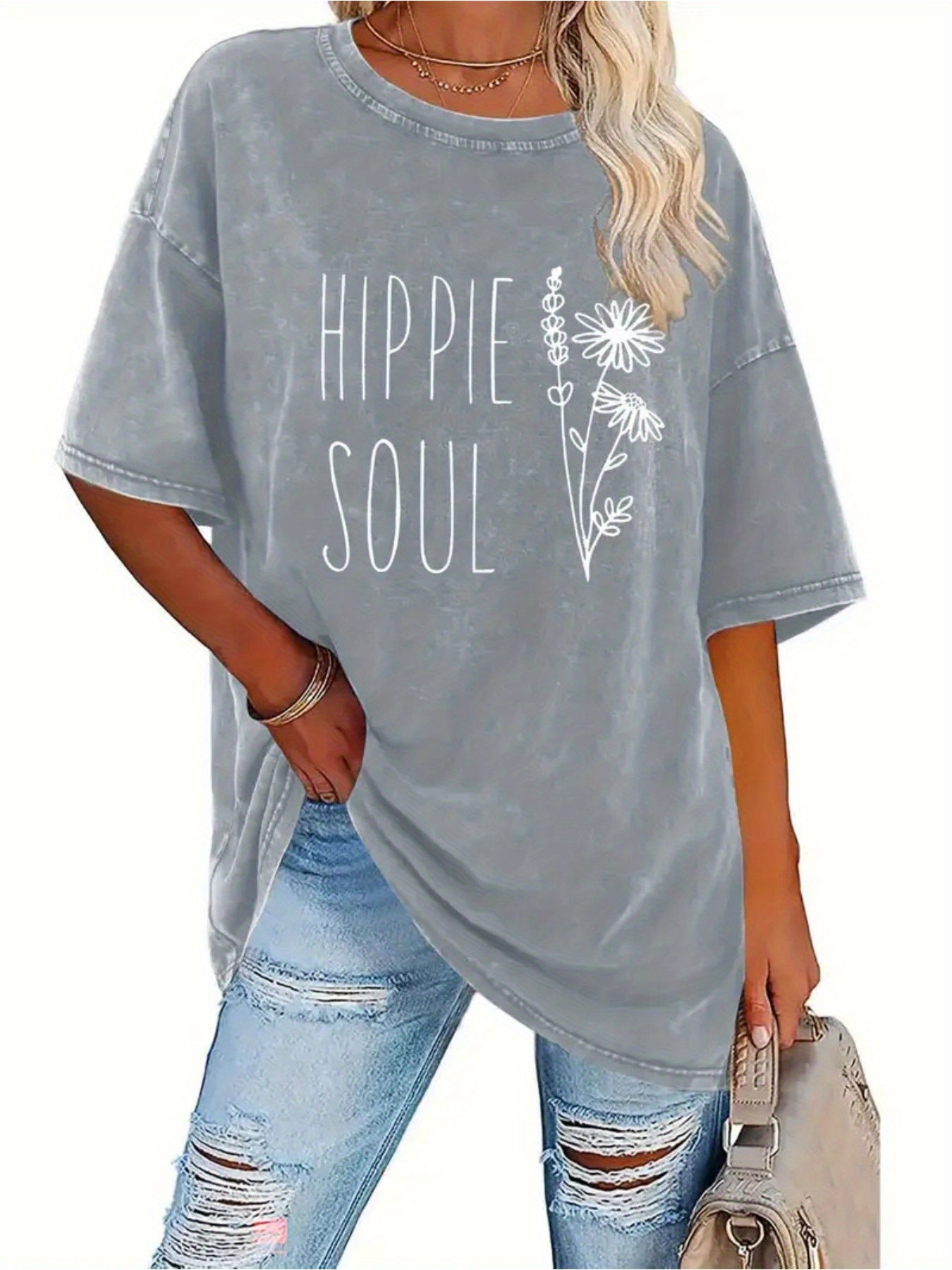 Women'S Vintage Distressed Oversized T-Shirt - Heavy Washed Soft Breathable Fabric with Hippie Soul Graphic & Floral Print, Round Neck Short Sleeve Casual Streetwear Top for Everyday Comfort, All-Season Loose Fit (Plus Size Available) - Retro 60s/70