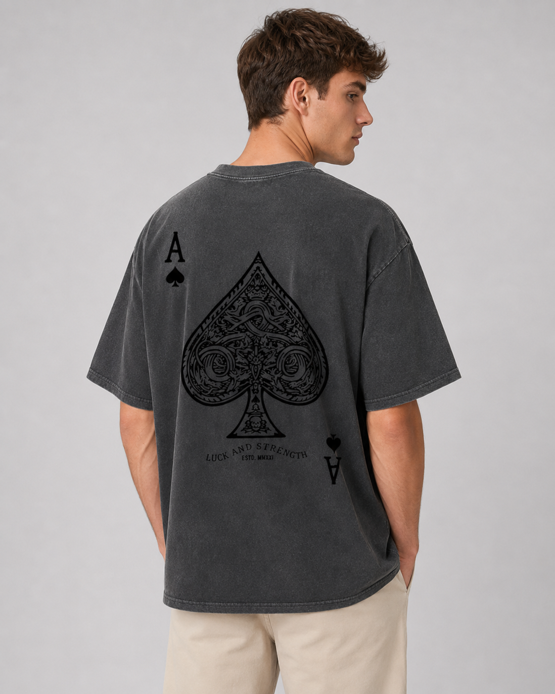American-style acid-washed distressed Ace of Spades playing card print short-sleeved T-shirt, heavyweight vintage wash, oversized, loose fit, unisex.