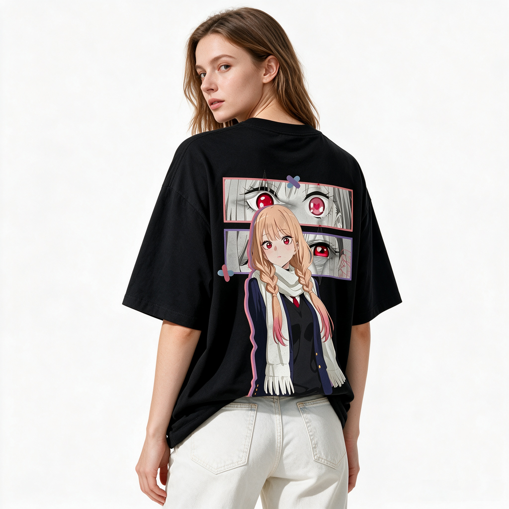 Pure Cotton Oversized Short-Sleeve T-Shirt with Double-Sided Anime Eye Print – Street-Style Top for Women/Girls